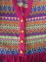 Vintage Womens Small Abstract Fringed Beaded Button up Cedars Sweater Red 1980’s