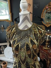 Lillie Rubin Vintage Black Gold Beaded Sequin Semi-Open Back Silk Dress Size 6