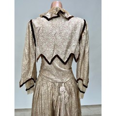 Antique Victorian Beige Printed Silk Two Piece Set Velvet Trim Net Lace Smocking