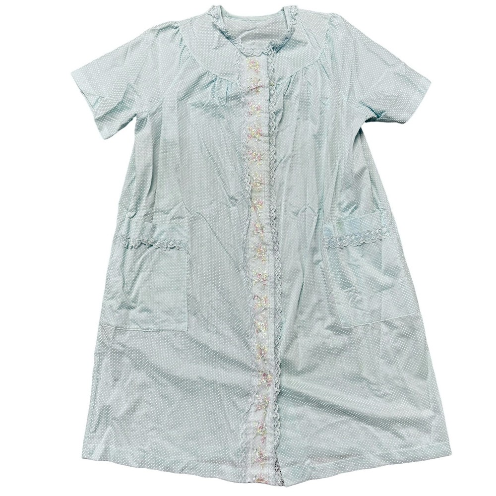 Vintage 1960s Robins Egg Blue Swiss Dot Lace Snap Housecoat