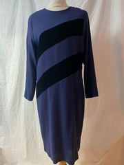 Vintage 80s SCAASI Blue Wool Crepe Dress Black Velvet Panels 30s Elegance 12/14