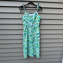Vintage The Vested Gentress Floral Hand Screened Print Strap Dress Blue Green