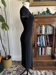 Vintage 1990s 80s Short Sleeve Black Midi Dress w Square Neck Cutout Gold accent