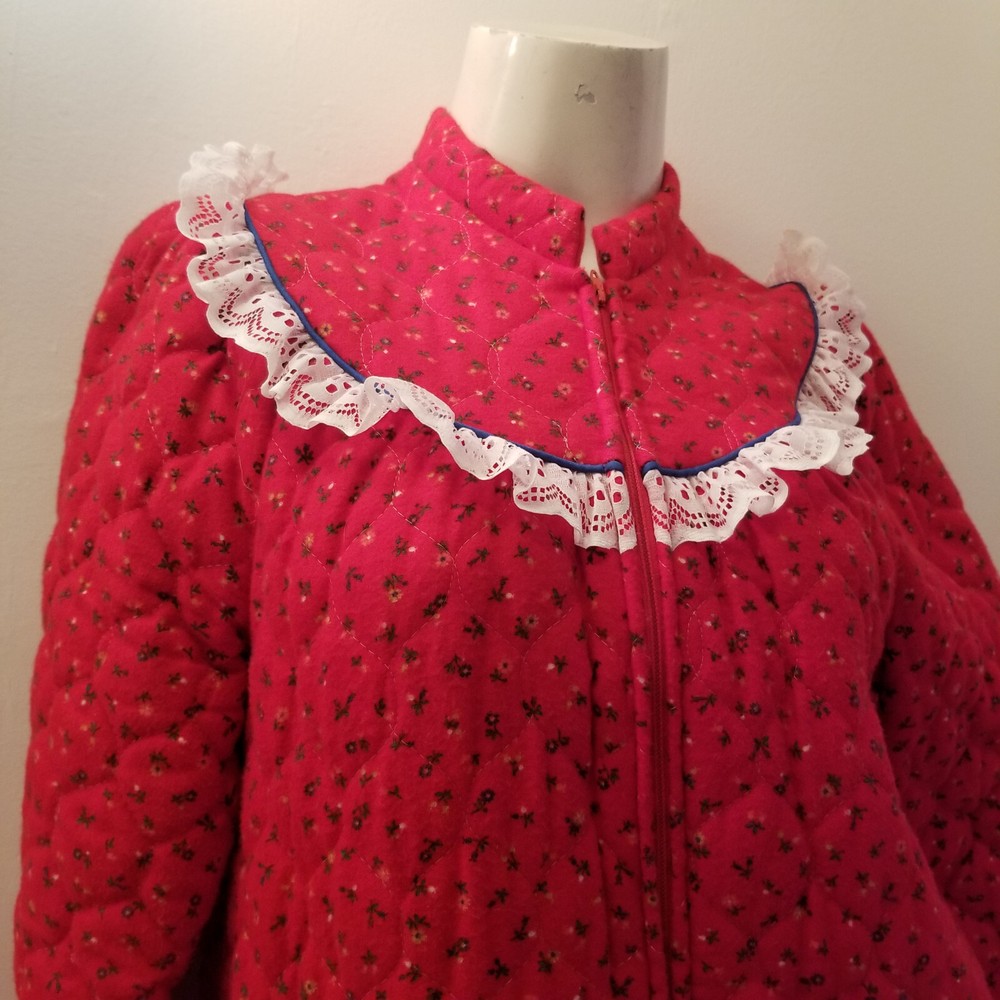 Vintage Red Calico Flannel Long Granny Prairie Quilted Robe Lounge Maxi M/42