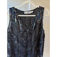 Ann Katrine Vintage Beaded Sequin Silk Tank Top Black Iridescent V-Neck Medium