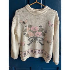 Vintage Floral Butterfly Sweater Cream Ramie Blend Hand Knitted Bramble Lane M