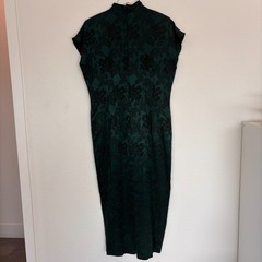 Vintage La Belle Womens Asian Midi Dress 10 Green Print 90s USA Frog Fastener