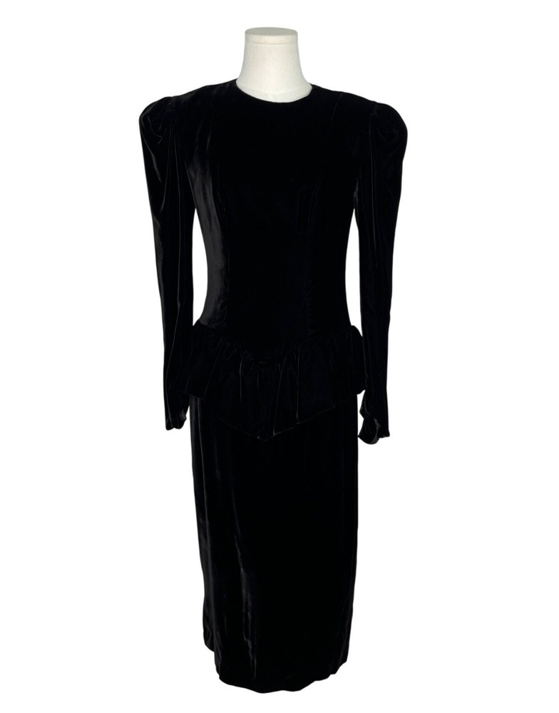 Vtg 80s Wayne Clark Black Velvet Dress With Puff Sleeves & Bow Back Detail Sz 4