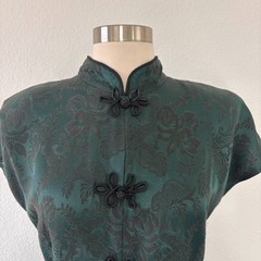 Vintage La Belle Womens Asian Midi Dress 10 Green Print 90s USA Frog Fastener