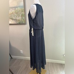 Vintage Navy Polka Dot Sheer Maxi Dress Button Detail Sleeveless – Size 14