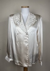 VTG 90’s Nilani Silk Blouse Embroidered Collar Buttons Petite 12 Ivory White