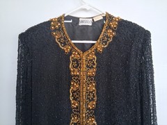 Vintage sz XL black, long formal jacket in black & gold beading. See description