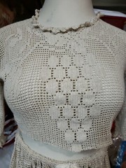 Vintage Skirt Crop Top ECRU 2Pc Crochet Lace Cut 41.5 bust 74″ waist ungath M/L
