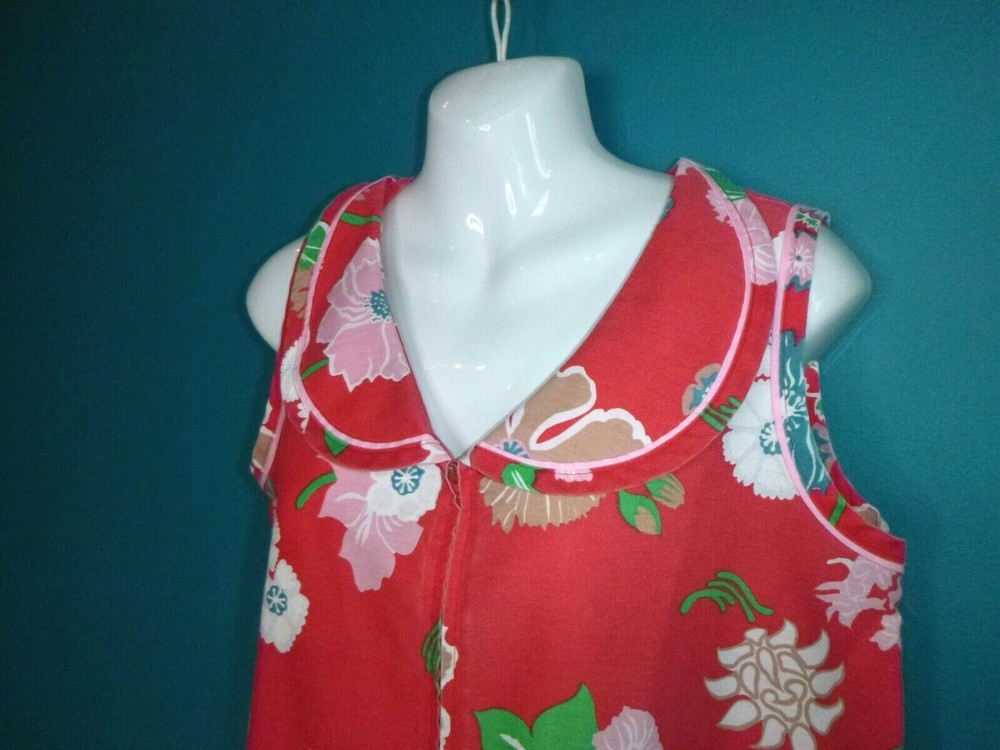 Vtg 70s Trapeze Flower Power Zip Front Day House Dress Red Tropical Floral Sz M