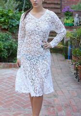 Vintage 80s L Lace Dress Ivory Fit Flare Mermaid Sheer Stevie Nicks