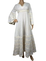 VTG 70s Tachi Castillo Ivory Prairie Maxi Dress Lace Pintuck Bell Sleeve Boho