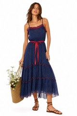 vintage 70s POLKA DOT MIDI DRESS sundress blue XXS americana usa tradwife ruffle