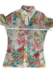 Women’s Judy bond Vintage 70s Sheer Floral Blouse Psychedelic Dagger Collar XS