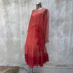 Antique 1920s Red Silk Chiffon Dress Polka Dot Asymmetrical Bow Marjone Vintage