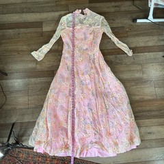 VINTAGE Sheer Floral Maxi Dress Wmns S Pastel Pink Long Sleeve Cottagecore #2B5