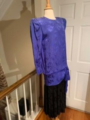 Vintage Wayne Clark Blue & Black Drop Waist Dress Padded Shoulders Pleated Skirt