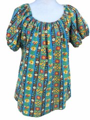 Vintage 70s Handmade Psychedelic Floral Tunic Top 2X Cotton Off Shoulder