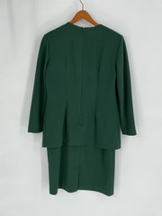 Vtg Leslie Fay Women Size 10P Dress Suit Green Gold Trim Made in USA Jersey Feel