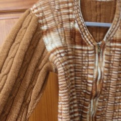 Vintage Handmade 70s Brown Plaid Chunky Knit Zip Cardigan Sweater LG