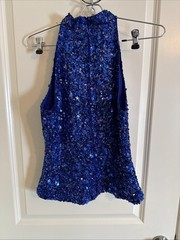 Vintage Laurence Kazar Blue Silk Hand Sequined Halter Top Sz Small 90’s Retro