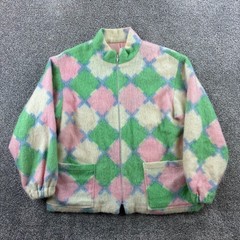 Vintage Mohair Wool Jacket Women’s XL Pink Green Argyle Zip Up Pastel Talon Zip