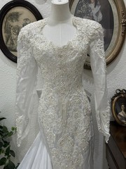 80s 90s Vintage Wedding Dress Two Piece Gown Size 8 Ivory Satin Lace Long Sleeve