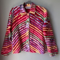 Vintage KEREN hart Jacket Blazer Rainbow Ribbons 100% Cotton Wood Buttons Small