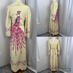 Vintage Peacock Chenille Bath Robe Long Yellow Housecoat Cottage 40s 50s READ