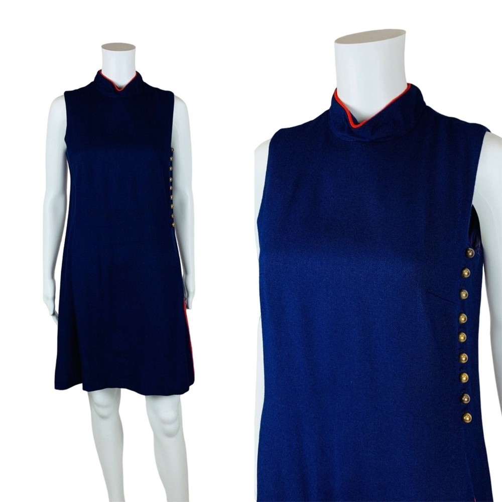 Vintage 1960s Shift Dress Blue Red Mod Mockneck Military Style | B 37″