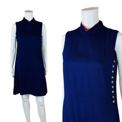 Vintage 1960s Shift Dress Blue Red Mod Mockneck Military Style | B 37″