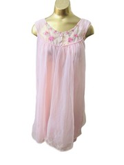 Vintage 1960s Pink Sheer Nylon Babydoll Nightgown Floral Applique Chiffon Linge