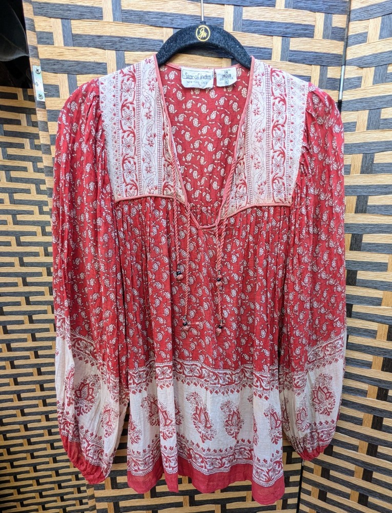Vintage 1970s Star of India Hand Block Printed Indian Cotton Voile Boho Blouse S