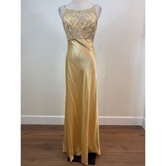 Vintage 90s Kiki Gown Women M Gold Satin Beaded Formal Slip Dress Hollywood Glam