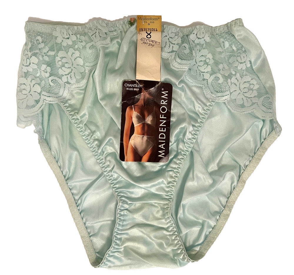 NWT Vtg Maidenform Turquoise Chantilly Lace Nylon High Leg Brief Panties Medium❤