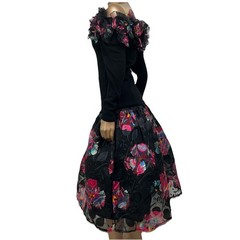 Vintage 80s Raul Blanco Black Pink Tulle Floral Sweater Chiffon Skirt Set Sz XS