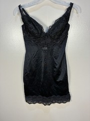 VTG 90s Victoria Secret Satin Lace Shaping Slip Black Hollywood Glamour 34 D
