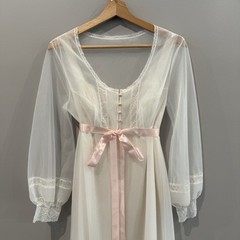 VTG Vanity Fair Peignoir Robe Nightgown Set Ivory Lace Pink Ribbon Bridal 34