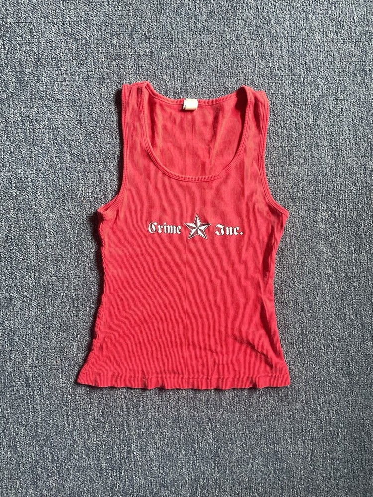 VTG Crime Inc Women Red Y2K Tank Top Size Large RARE Old English Spell Out