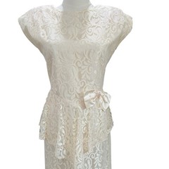 Vintage Zum Zum Lace Peplum Midi Dress Ivory Cream Bow Handkerchief Hem Bridal