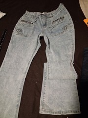 Women Flared Jeans Size 11 Light Wash Blue Denim Drawstring Zipper Pockets