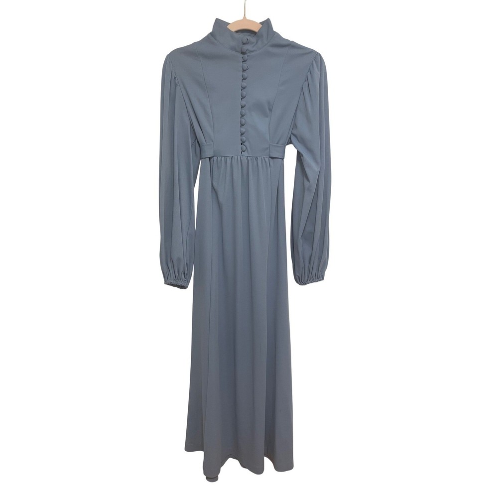 Vintage 70s Maxi Dress Slate Blue High Neck Empire Waist Size 11