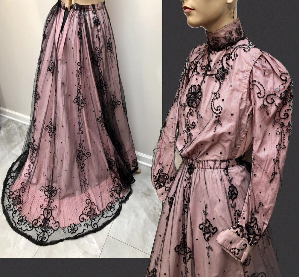 ANTIQUE VICTORIAN Early 1900s GIBSON GIRL PINK+Black JET SEQUIN BEADED 3Pc GOWN
