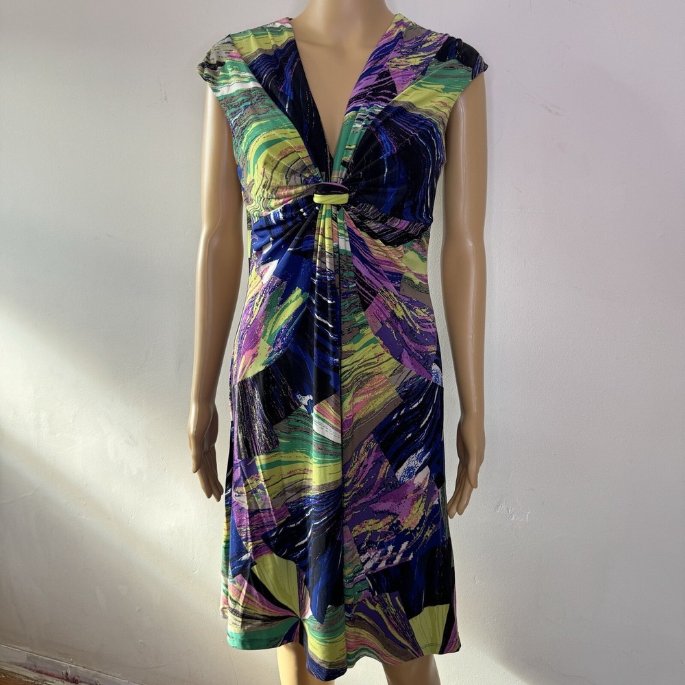 Vintage Y2K Nine West Abstract Tie Front V-Neck Midi Dress Stretch Indie 10