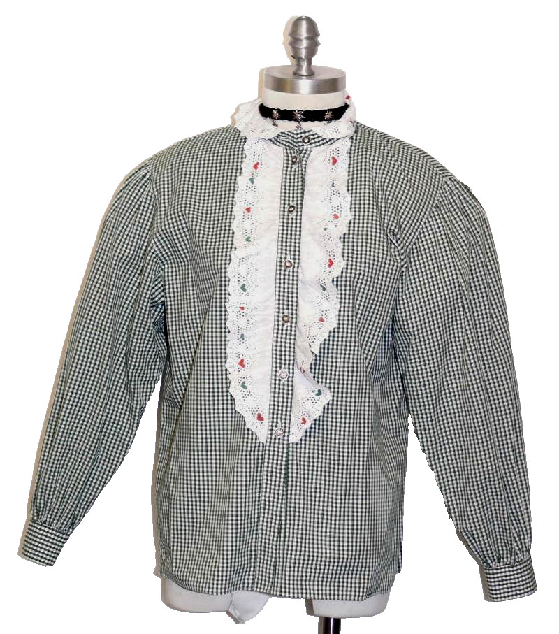 M B42″ WHITE GREEN Plaid ~ EYELET LACE Women German LONG SLEEVE Cotton BLOUSE