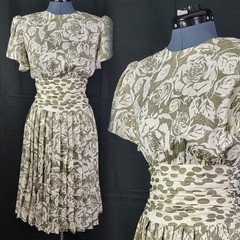Vintage Gold & Cream Rose Floral Blouson Dress w Contrast Rouched Waist Size 6P